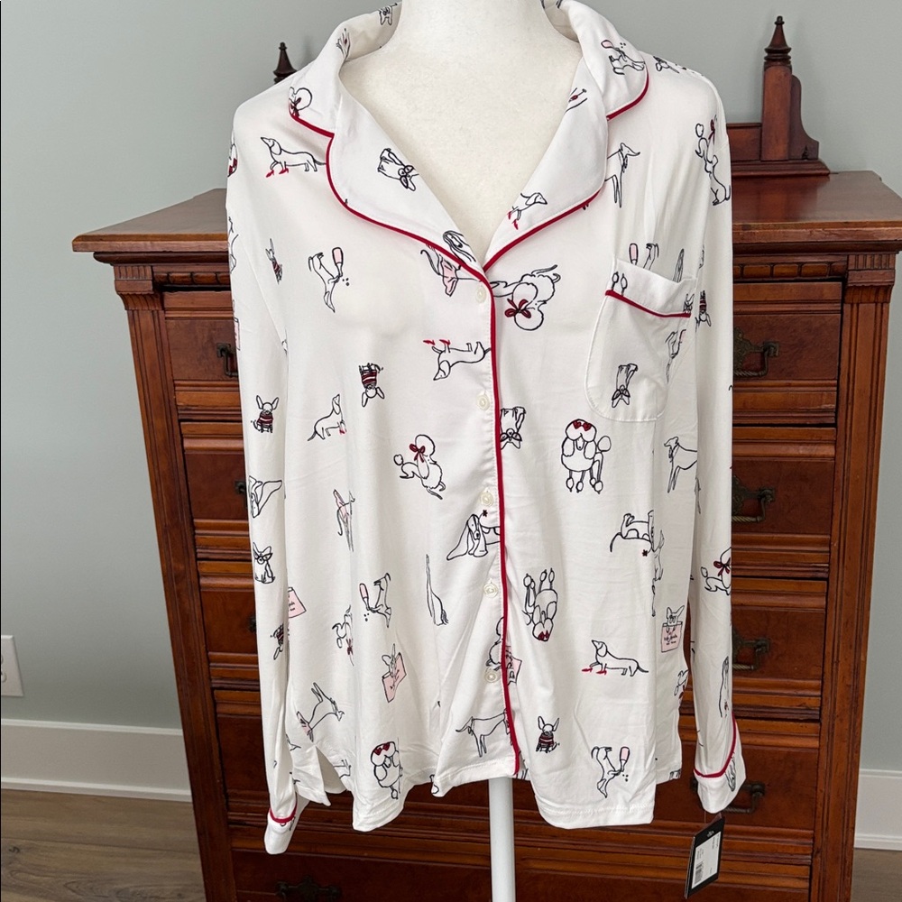 NWT Kate Spade Dog Print Long Sleeve Pajamas Cream, Black and Red Size XL Preppy - Picture 5 of 14